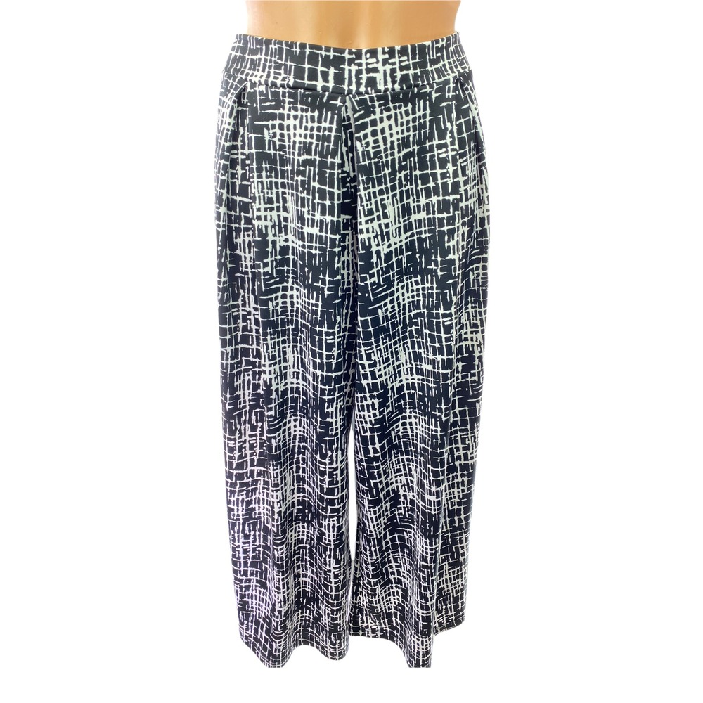 NY Collection Sz L Pants Black & White Wide Legs Stretch Waist Polyester/Spandex